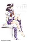  2002 barefoot bishoujo_senshi_sailor_moon black_eyes black_hair bob_cut boots bow brown_bow choker feet high_heels hino_ryutaro knee_boots looking_up magical_girl non-web_source pleated_skirt profile purple_eyes purple_footwear purple_sailor_collar purple_skirt sailor_collar sailor_saturn sailor_senshi_uniform single_boot sitting skirt solo tomoe_hotaru undressing 