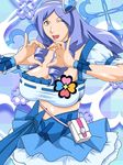  aono_remi blue_choker blue_eyes blue_hair blue_skirt breasts choker cleavage cosplay cure_berry cure_berry_(cosplay) drill_hair fresh_precure! hair_ornament heart heart_hair_ornament heart_hands large_breasts magical_girl midriff one_eye_closed precure skirt solo tetsukui 