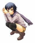  blue_hair blush boots copyright_request frown napori scarf short_hair shorts solo squatting thighhighs 