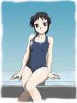  bare_shoulders black_hair flat_chest ga-rei ga-rei_zero highres nikaidou_kiri one-piece_swimsuit purple_eyes sabachiyo_land school_swimsuit short_hair sitting solo swimsuit 