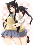  akiyama_mio animal_ears black_hair blue_eyes brown_eyes cat_ears hug k-on! long_hair multiple_girls nakano_azusa nishikawa_ari school_uniform sweater_vest twintails 