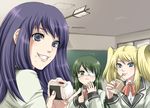  arrow arrow_in_head bad_id bad_pixiv_id blonde_hair blue_eyes blue_hair blush classroom coco_(nattou) coffee eating eyepatch food food_on_face fork green_eyes green_hair grin hair_bobbles hair_ornament holding holding_fork hoshino_yachiho indoors itoi_kaede juice_box lips lipstick makeup multiple_girls narahara_kei noberuge onigiri pinky_out rice rice_on_face school_uniform smile twintails 