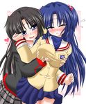  :&lt; bad_id bad_pixiv_id black_hair blue_hair blush breast_grab breasts clannad closed_eyes crossover grabbing hair_bobbles hair_ornament ichinose_kotomi kurugaya_yuiko large_breasts little_busters! long_hair multiple_girls tenkawa two_side_up yuri 