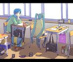  1girl aqua_hair bag banana blue_eyes blue_hair blue_scarf book bottle box classroom crime_scene death desk eggplant food fruit hair_ribbon hatsune_miku ice_cream indoors juice kaito katagiri letterboxed long_hair manga_(object) murder pencil pencil_case radio ribbon scarf school_desk shoes skirt socks spring_onion thighhighs twintails uwabaki vocaloid 