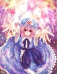  bug butterfly hands hat insect kaminari_on_maru outstretched_arms outstretched_hand pink_hair reaching red_eyes saigyouji_yuyuko short_hair solo touhou 