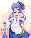  atai blue_hair blush cirno closed_eyes food fruit hat hat_removed headwear_removed heart heart_background heart_hands hinanawi_tenshi long_hair moe_moe_kyun! multiple_girls niiya parody peach touhou 