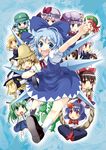  :d bangs beret blonde_hair blue_dress blue_eyes blue_hair blunt_bangs chibi cirno clenched_hand crescent dress expressionless flat_cap frog gin'ichi_(akacia) green_dress hakurei_reimu hat hong_meiling houraisan_kaguya ice ice_wings inaba_tewi kawashiro_nitori kirisame_marisa kochiya_sanae looking_at_viewer mob_cap moriya_suwako multiple_girls open_mouth patchouli_knowledge raised_fist red_eyes red_hair reisen_udongein_inaba remilia_scarlet rope rumia smile touhou two_side_up vest wings yasaka_kanako 