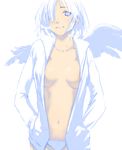  bad_id bad_pixiv_id blue_eyes hair_over_one_eye highres nimirom no_bra open_clothes original panties solo underwear white_hair wings 