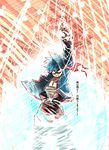  bandages blue_hair epic goggles kamina_pose kendo_(artist) male_focus open_clothes open_shirt pointing pointing_up shirt simon solo tengen_toppa_gurren_lagann translated 