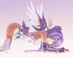  all_fours angelan ass bare_shoulders blush bustier closed_eyes elbow_gloves elf gloves lingerie mecha_musume mechanical_wings nyaou pointy_ears ponytail purple_hair solo thighhighs underwear virtual_on wings 