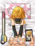  1boy 1girl arm_warmers arms_behind_back artist_request ass ass_grab bdsm bed blonde_hair bondage bound bow camera cellphone cuffs cum cum_in_pussy detached_sleeves doggystyle egg face_down from_above from_behind hair_bow hair_ribbon handcuffs heart highres impregnation insemination kagamine_rin kitsunerider lying nail_polish on_stomach panties panties_aside phone pillow pov pussy restrained ribbon school_uniform screen serafuku sex shiny shiny_skin sperm spoken_heart text translated translation_request underwear vaginal vocaloid 