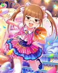  annindoufu_(oicon) brown_eyes brown_hair confetti glasses idolmaster idolmaster_cinderella_girls ikebukuro_akiha long_hair megaphone official_art pink-framed_eyewear semi-rimless_eyewear smile solo stage stage_lights thighhighs twintails white_legwear 