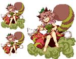  animal_ears brown_hair cloud futatsuiwa_mamizou glasses gourd leaf leaf_on_head lowres notebook pixel_art raccoon_ears raccoon_tail red_eyes sitting slnchyt smile tail touhou transparent_background 