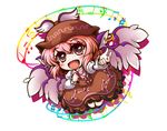  animal_ears bow chibi dress hand_on_own_chest hat kiki_fushigi music musical_note mystia_lorelei open_mouth outstretched_arm pink_hair red_eyes short_hair simple_background singing smile solo touhou white_background wings 