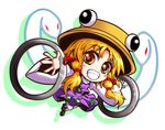  blonde_hair chibi frog grin hair_ribbon hat kiki_fushigi long_hair looking_at_viewer mishaguji moriya's_iron_rings moriya_suwako ribbon simple_background smile snake solo thighhighs touhou white_background yellow_eyes 