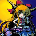  bow chain chibi full_moon gourd grin hair_bow horn_ribbon horns ibuki_suika kiki_fushigi long_hair moon night orange_hair ribbon smile solo touhou yellow_eyes 