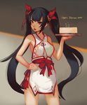  apron birthday birthday_cake black_hair bow breasts cake candle character_request contrapposto fire flame food grey_background hand_on_hip happy_birthday highres long_hair red_bow red_eyes saimon_ma sideboob simple_background small_breasts solo standing tassel twintails very_long_hair 