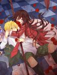  1girl alice_(pandora_hearts) blonde_hair boots braid brown_hair checkered checkered_floor checkered_pants dress flower formal green_eyes hug long_hair necktie oz_vessalius pandora_hearts purple_eyes red_flower red_rose ribbon rin-sz-ss rose scythe short_hair 