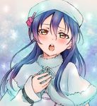  blue_hair blush capelet fur_trim hand_on_own_chest hat highres long_hair looking_at_viewer love_live! love_live!_school_idol_project music open_mouth shawl singing snow snow_halation solo sonoda_umi suito very_long_hair yellow_eyes 