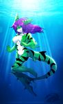  breasts female fish green_skin hair marine navel nude purple_hair shark solo stripes swimming underwater water xenia yamer 