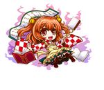  apron bell book character_name checkered checkered_skirt chibi clothes_writing eyewear_removed glasses hair_bell hair_ornament holding holding_eyewear japanese_clothes kiki_fushigi long_sleeves looking_at_viewer motoori_kosuzu open_mouth red_eyes red_hair round_eyewear scroll short_hair simple_background skirt smile solo touhou two_side_up white_background wide_sleeves 