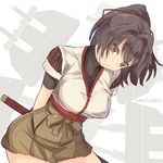  breasts brown_eyes brown_hair cannon hair_ribbon ise_(kantai_collection) japanese_clothes kantai_collection katana large_breasts ponytail radar ribbon short_hair silhouette smile solo sts sword turret weapon 