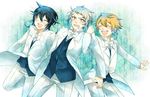  blonde_hair blush brown_hair closed_eyes elliot_nightray formal glasses grey_hair holding_hands leo_(pandora_hearts) locked_arms male_focus multiple_boys necktie open_mouth oz_vessalius pandora_hearts smile suit sweatdrop white_suit 