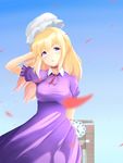  arm_up bad_id bad_pixiv_id blonde_hair blue_eyes blue_sky clock clock_tower day dress hat highres long_hair maribel_hearn mob_cap neck_ribbon open_mouth petals purple_dress ribbon septet_(zrca_janne) short_sleeves sky solo touhou tower upper_body wind 