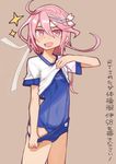 buruma buruma_pull fang gym_uniform headband i-58_(kantai_collection) kantai_collection lifted_by_self mogamiya_honu pink_hair pulled_by_self red_eyes school_swimsuit shirt_lift short_hair solo swimsuit swimsuit_under_clothes translation_request undressing 