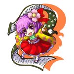  calligraphy_brush chibi floral_print flower hair_flower hair_ornament hieda_no_akyuu japanese_clothes kiki_fushigi kimono looking_at_viewer open_mouth outstretched_arms paintbrush purple_eyes purple_hair ribbon sandals scroll short_hair simple_background smile solo touhou white_background 
