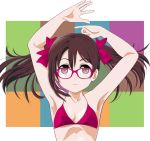  10s 1girl alternate_hair_color armpits arms_up bespectacled bikini bow brown_hair expressionless eyebrows_visible_through_hair flat_chest glasses hair_bow long_hair looking_at_viewer love_live! love_live!_school_idol_project marutaya red_bikini red_eyes solo swimsuit tied_hair twintails upper_body yazawa_nico 