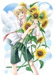  blonde_hair checkered checkered_pants flower green_eyes loose_clothes loose_shirt male_focus necktie open_mouth oz_vessalius pandora_hearts piyo_(hitujirou-tuusin) shirt shorts smile solo sunflower undone_necktie white_shirt 