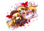  blonde_hair blue_eyes bow chibi dress dual_persona hat holding_hands kiki_fushigi lily_black lily_white long_hair multiple_girls open_mouth petals red_eyes ribbon simple_background smile touhou white_background wings 