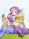  1girl back-to-back bandana bare_shoulders breasts captain_syrup cleavage crossed_legs drooling earrings facial_hair gloves height_difference jewelry large_breasts light_smile long_hair map mario_(series) muscle mustache omu_(sinsindan) red_eyes red_hair ribbon sitting sleeping sleeping_on_person sleeping_upright wario wario_land white_gloves wrist_ribbon 