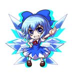  blue_eyes blue_hair bow chibi cirno dress grin hair_bow hand_on_hip ice ice_wings kiki_fushigi outstretched_arm ribbon short_hair simple_background smile solo touhou white_background wings 