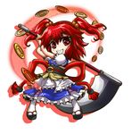  chibi coin grin hair_bobbles hair_ornament kiki_fushigi looking_at_viewer onozuka_komachi red_eyes red_hair scythe short_hair simple_background smile solo touhou two_side_up white_background 