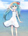  aqua_eyes aqua_hair bad_id bad_pixiv_id barefoot cloud day dress hat hatsune_miku long_hair ryuuga_sazanami see-through sky solo sundress twintails vocaloid water 