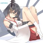  bad_id bad_pixiv_id bare_shoulders black_hair breasts cannon detached_sleeves hair_ornament japanese_clothes kantai_collection large_breasts legs_folded nontraditional_miko red_eyes short_hair silhouette skirt solo sts tabi turret yamashiro_(kantai_collection) 