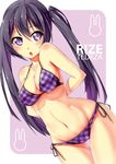  bikini blush breasts character_name chestnut_mouth cleavage gochuumon_wa_usagi_desu_ka? long_hair medium_breasts navel open_mouth packge plaid plaid_bikini purple_bikini purple_eyes purple_hair side-tie_bikini solo stomach swimsuit tedeza_rize twintails 