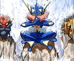  accelgor greninja lowres meditation ninja no_humans pixiv_manga_sample pokemon pokemon_(game) pokemon_xy rock shedinja uka water waterfall 