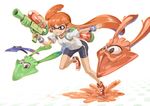  domino_mask grin gun ink_tank_(splatoon) inkling long_hair mask miyo_(13th_floor) orange_eyes orange_hair pointy_ears sidelocks smile solo splatoon_(series) splatoon_1 splattershot_(splatoon) squid weapon 