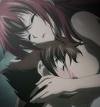  1boy 1girl between_breasts breast_smother breasts brown_hair eyes_closed head_between_breasts high_school_dxd highres hyoudou_issei large_breasts long_hair nipples red_hair rias_gremory screencap sleeping stitched 