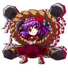  chibi crossed_arms hair_ornament kiki_fushigi onbashira purple_hair red_eyes ribbon rope shimenawa short_hair simple_background smile solo touhou white_background yasaka_kanako 