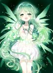  :d blush dress fairy_wings green green_eyes green_hair green_wings long_hair looking_at_viewer open_mouth outstretched_arms saya saya_no_uta smile solo sundress very_long_hair wasabi_(sekai) wings 