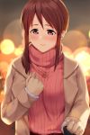  1girl blush breasts brown_coat brown_hair clenched_hands coat deneb_(noble324) grabbing hair_over_shoulder heart heart_necklace highres idolmaster idolmaster_cinderella_girls lamppost large_breasts long_hair long_sleeves looking_at_viewer mifune_miyu out_of_frame pink_sweater ponytail pov purple_eyes ribbed_sweater sidelocks solo_focus sweater turtleneck turtleneck_sweater upper_body 