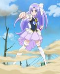  boots clenched_hands cloud cure_fortune day foreshortening happinesscharge_precure! highres hikawa_iona long_hair official_art pleated_skirt ponytail precure purple_eyes purple_hair screencap skirt sky smoke solo thigh_boots thighhighs 