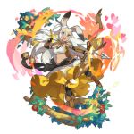  1girl animal_ears apple arrow artist_request blue_eyes boots bow bug bunny_ears butterfly dragalia_lost food fruit full_body gauntlets insect long_hair looking_at_viewer midriff non-web_source official_art open_mouth quiver sarisse_(dragalia_lost) skirt skirt_lift smile white_hair 