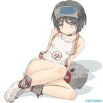  bad_id bad_pixiv_id black_hair brown_eyes diving_mask diving_mask_on_head kantai_collection maru-yu_(kantai_collection) one-piece_swimsuit school_swimsuit shadow short_hair sitting smile solo sts swimsuit white_school_swimsuit white_swimsuit 