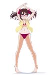  10s 1girl alternate_hair_color armpits arms_up barefoot bespectacled bikini bow brown_hair expressionless eyebrows_visible_through_hair flat_chest full_body glasses hair_bow long_hair looking_at_viewer love_live! love_live!_school_idol_project marutaya navel open_clothes red_bikini red_eyes shadow simple_background solo standing swimsuit tied_hair twintails white_background yazawa_nico 