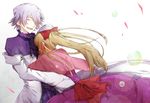  1girl bow closed_eyes dress formal hair_over_one_eye hug long_hair loose_clothes pandora_hearts ponytail ribbon sharon_rainsworth short_hair silver_hair smile spoilers tears tknsh_(takanashi_10) vest xerxes_break 